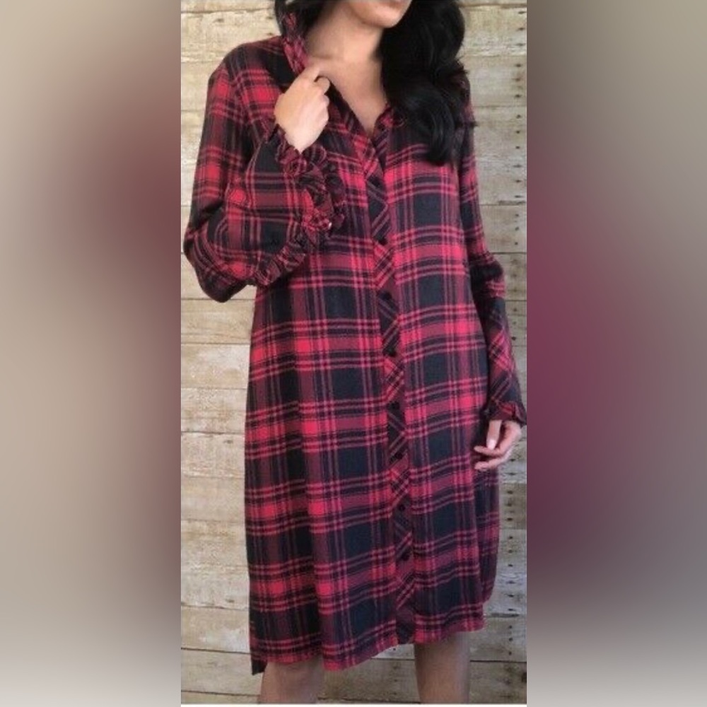 Soft Surroundings Bennington Shirt Dress Red Black Plaid Pockets Dress size PS